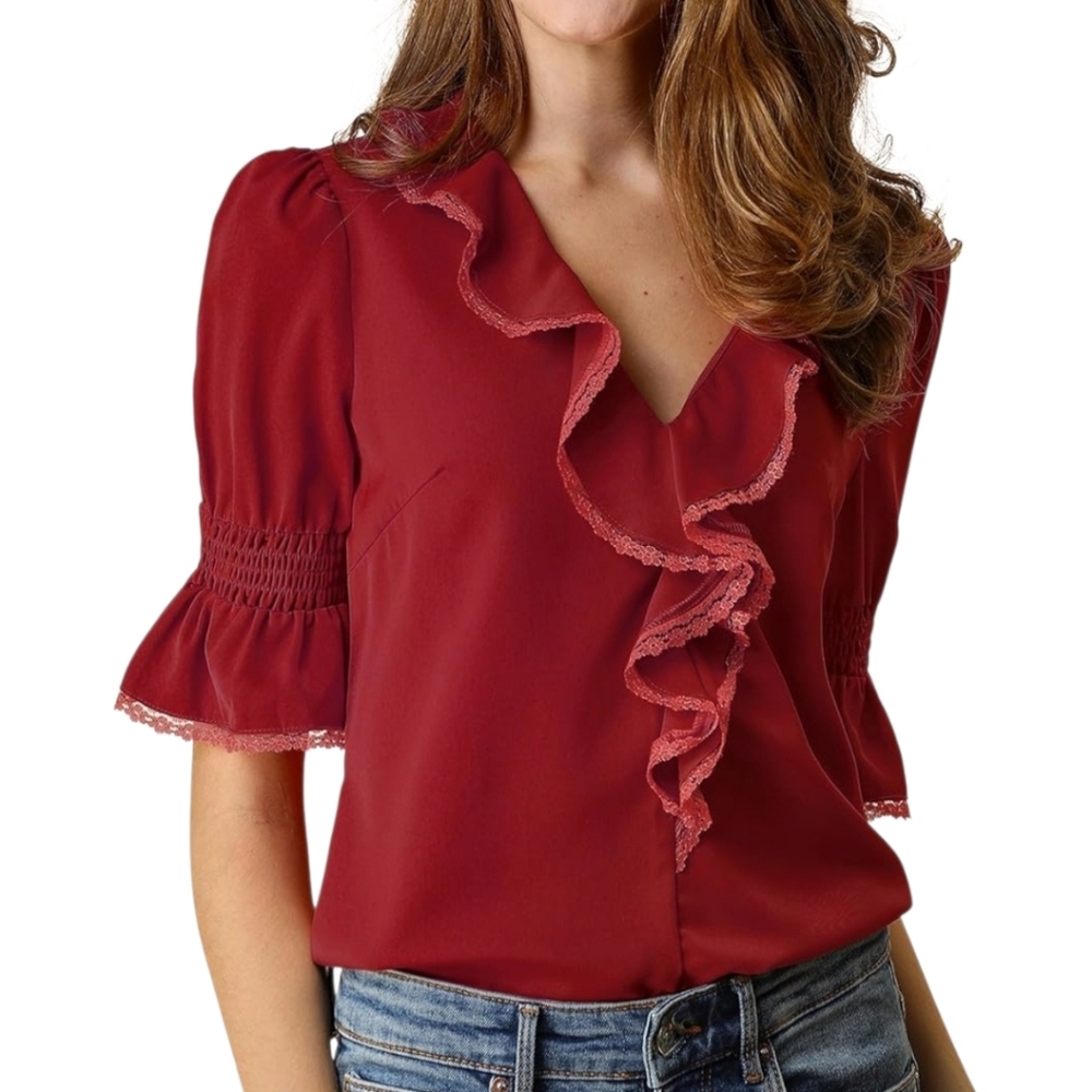 3/$30Allegra K Ruffle Vneck Victorian Puff Sleeve Chiffon Peasant Blouse Lrg NWT